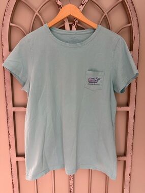 Vineyard Vines Light Aqua Pocket Tee with Embroidered Whale